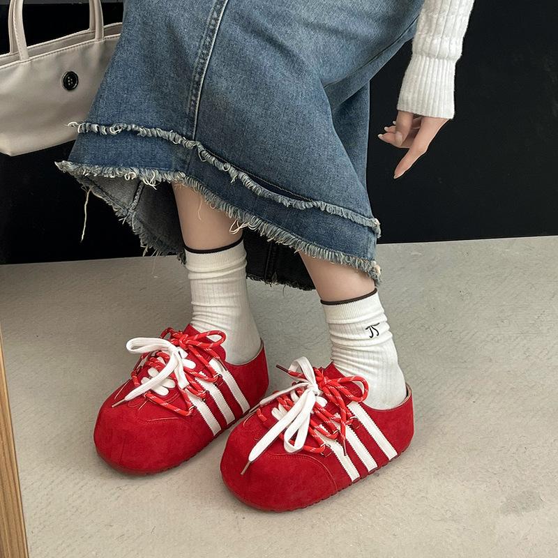 

European thick-soled fashionable bag head drag women 2025 new matte leather leather lace-up Boken shoes fashion slippers trend 35 красный