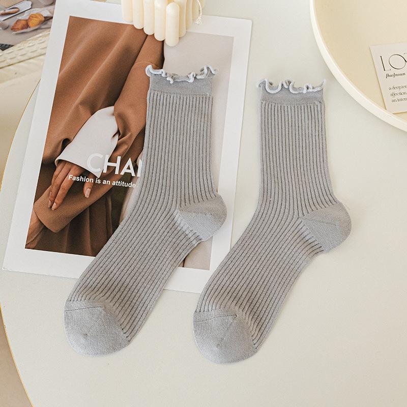 Ladies Summer Thin Wooden Ear Side Lovely Lace Vertical Bar Mesh Breathable Mid Tube Stack Socks