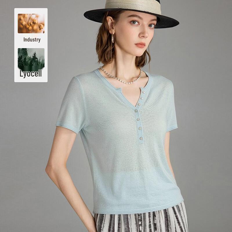 Wudao Women s Tencel Linen Blend Y-Neck Slim-Fit T-Shirt M