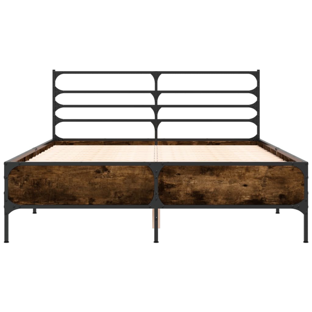 Bed Frame Smoked Oak 135 x 190 cm Wood Based Panel and Metal