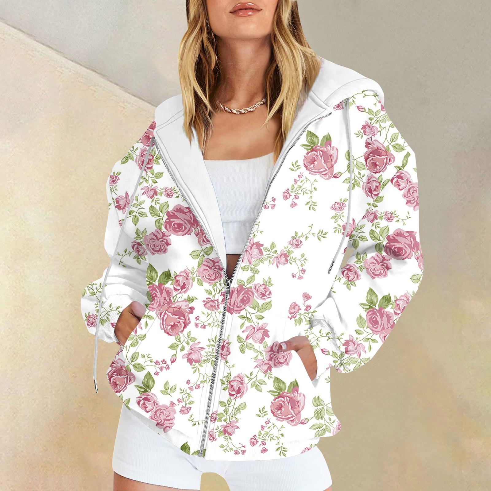 

Женская мода повседневная спортивная одежда с цветочным принтом на осень и зиму с длинными рукавами и карманами, куртка-кардиган с капюшоном на молнии, куртка S розовый