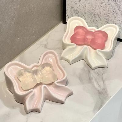 Boîte à savon créative en céramique avec nœud, boîte à savon ménagère, rangement de salle de bain mignon, sans accumulation d'eau, porte-savon, accessoires de salle de bain