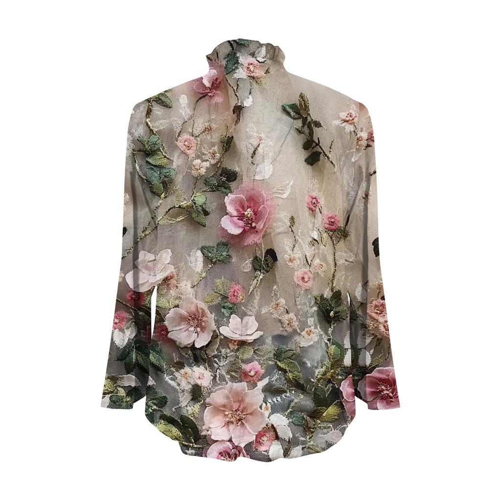 Women's Loose Ruffled Retro Floral Print Stand Collar Long Sleeve Cotton And Linen Top