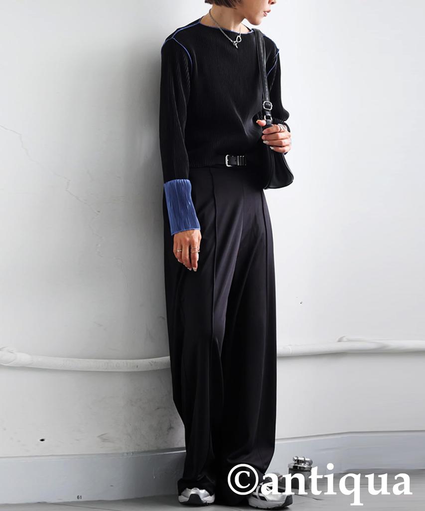 Antiqua Soft Size Size Large Women's Pin-Tuck Wide-Leg Pants, Material, AY-00078, Black, 05,