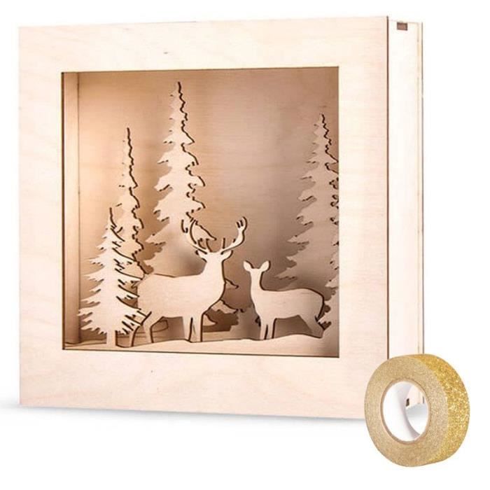 Kit cadre bois forêt de Noël 20 x 20 cm + masking tape doré à paillettes 5 m offert