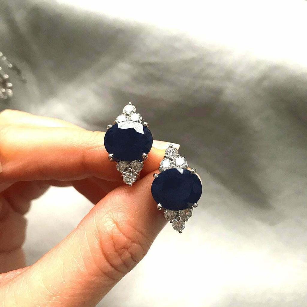 Genuine Large Blue Sapphire Oval Silver Stud Earrings Sterling Silver Jewelry