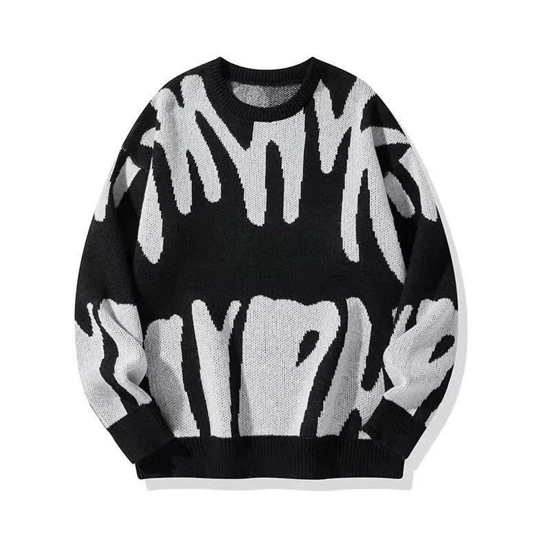 

Men s Trendy Black & White Round Neck Jacquard Sweater - Large Size, Autumn/Winter Collection S