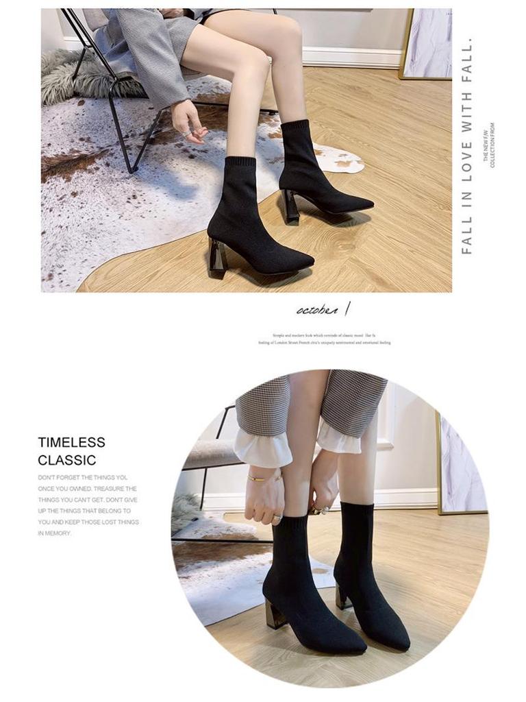 Damen Flyknit Elastische Socken Stiefeletten, Spitze Zehenpartie, Blockabsatz, Schlankmachendes Design, Europäischer/Amerikanischer Stil - 2025 Frühjahr/Herbst Kollektion