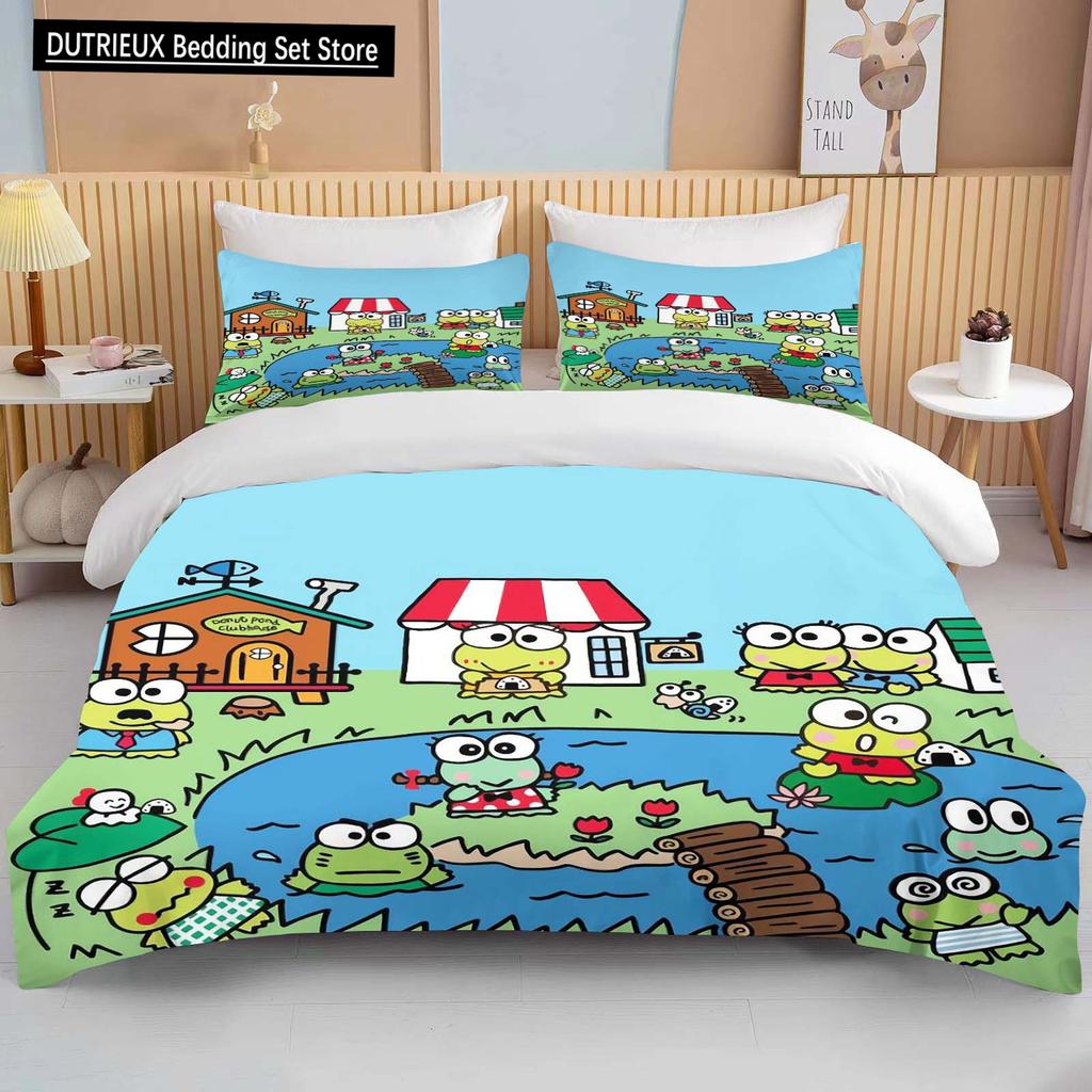 10 Sizes Sanrio Keroppi Printed Bedding Set Cartoon Anime Duvet Cover Comforter Pillowcase Boys Girls Children Adults King Gift