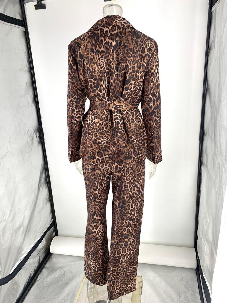 European & American Leopard Print Lapel Suit Jacket with High Waist Wide-Leg Pants Two-Piece Set