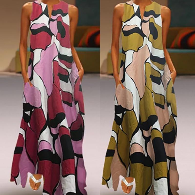 Elegant Women Long Maxi Dress Floral Print Split Hem Sleeveless Shirt Dress Plus Size For Every Occasion