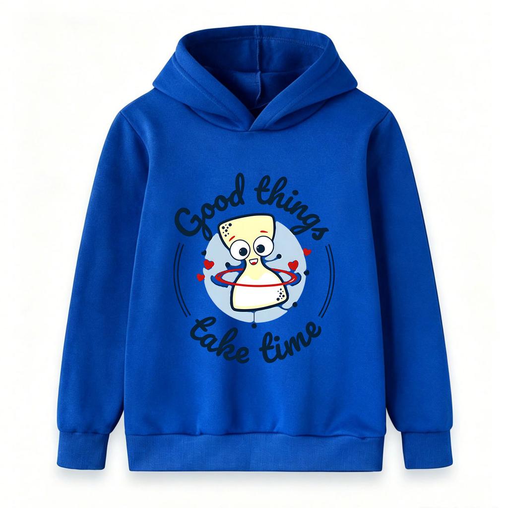 Kids Boys Girls Cute Screw Cartoon Graphic Hoodie, Good Things Take Time Print Casual Long Sleeve Pullover Sweatshirt for Children Daily Wear