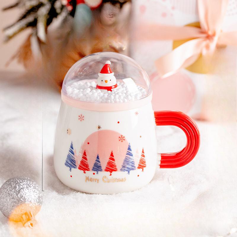 Christmas Cartoon Creative Snowman Super Cute Ceramic Cup with Lid Couple Flower Tea Cup Office Coffee Mug