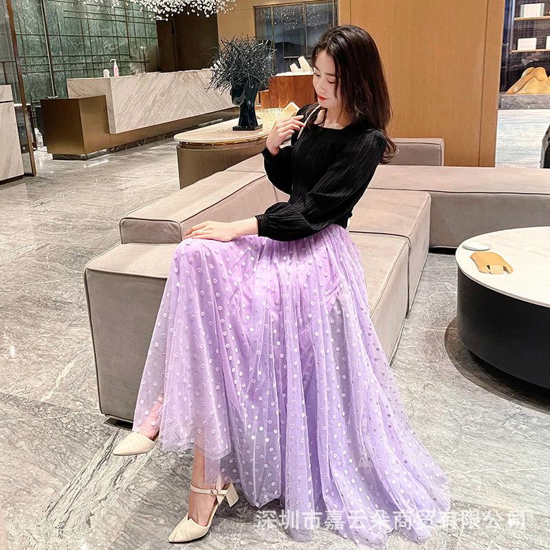 Hochwertiger gepunkteter mittellanger Rock, dünn und weit, bauschig, hochwertiger neuer A-Linien-Gazerock