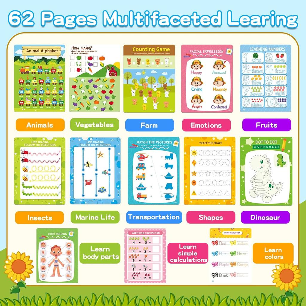 Preschool Learning Activities, 62 Pages Educational Workbook for Kids, Handwriting Practice, Montessori Toys, Autism Materials, Alphabet Learning,