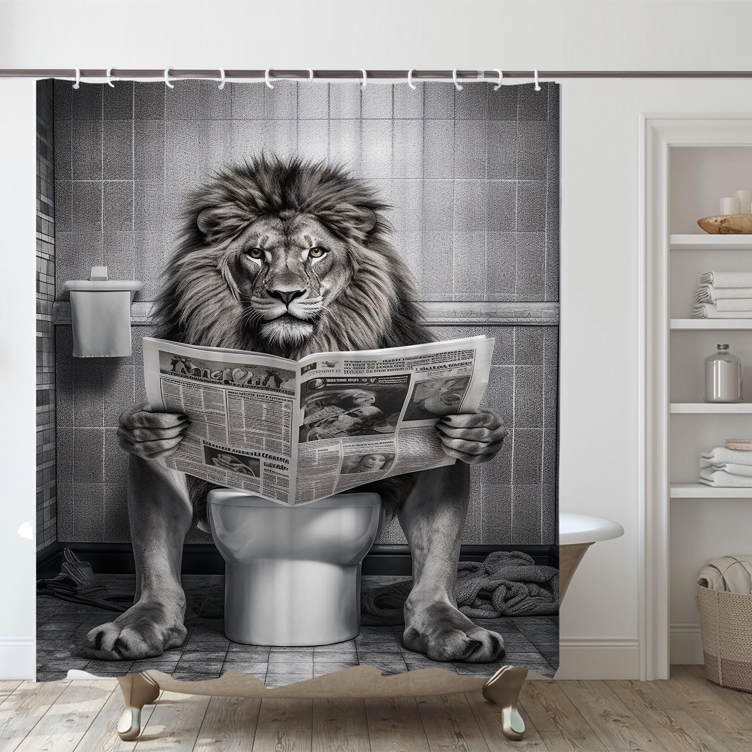 

Funny Lion Shower Curtain, Humor Animal On Toilet Shower Curtains Set Curtains, Large Cat Man Grey Bathroom Curtain 72X72 Inch W60H190(CM)-1 Pcs