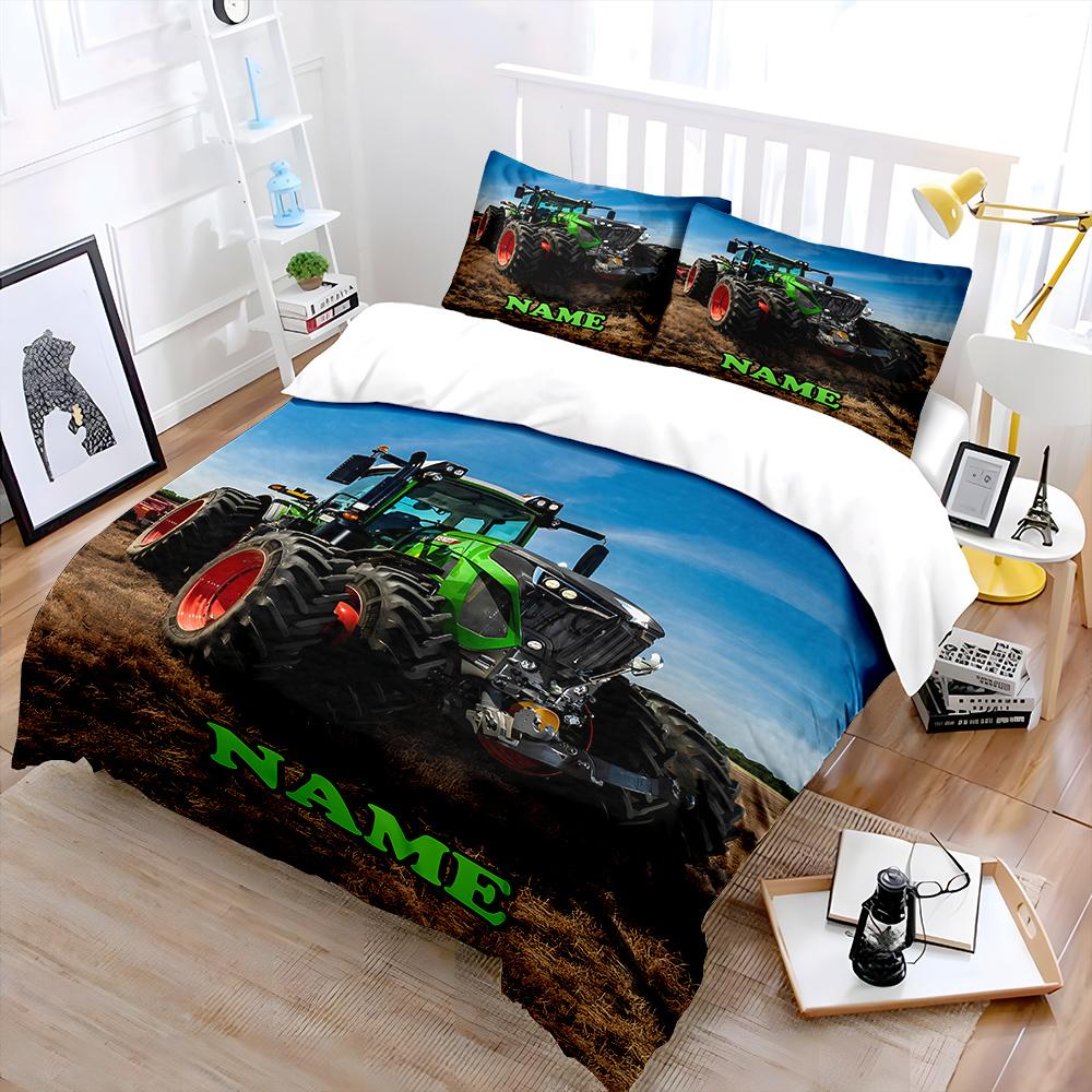 3Pc Custom Name Farm Tractor Printed Bedding Set Cartoon Anime Duvet Cover Comforter Pillowcase Boys Girls Children Adults King