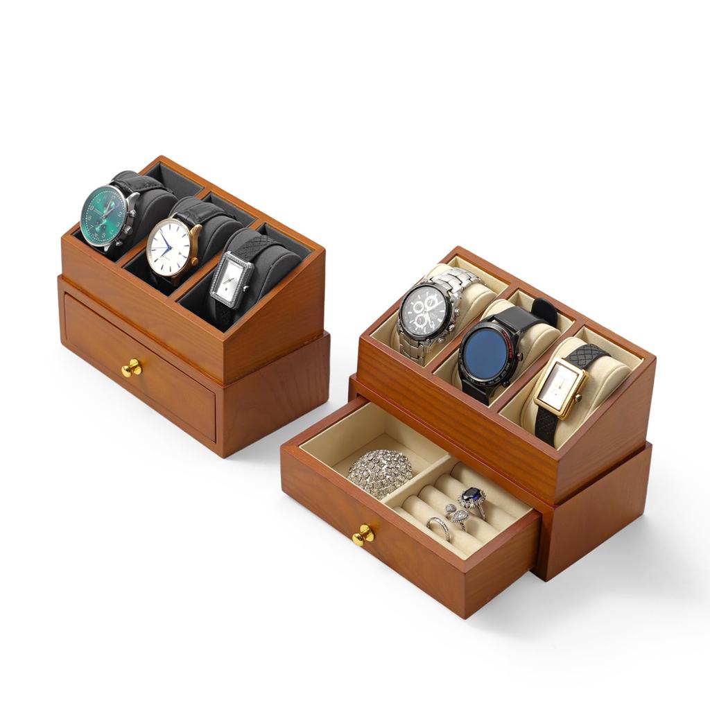 Oirlv Wooden Watch with Accepts Eligible X07301 Case, 3-Watch Capacity, 2-Tier Drawer, Portable, Luxury, Stylish, Invoices, (Beige)