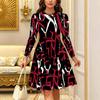 Women Long Sleeve Round Neck Midi Dress Vintage Ink Wash Plum Blossom Stripe Branch Dot Print Flared Dress