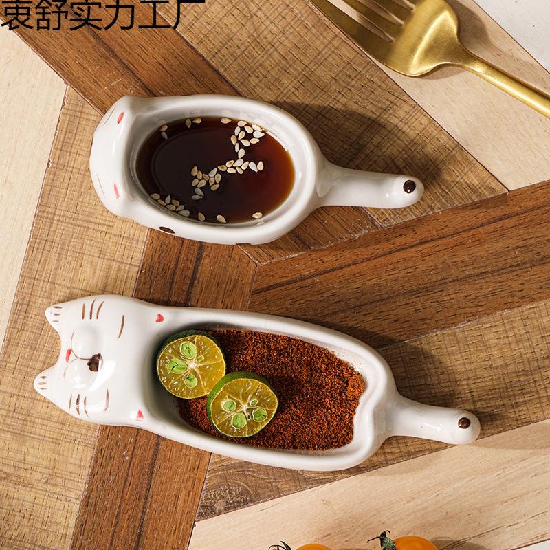 Cute Ceramic Cat Plate Japanese Soy Sauce Dish Creative Home Tableware with Chopsticks Holder