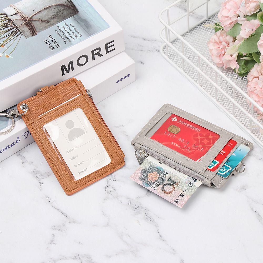 Portable Solid Color Card Holder Leather Business ID Card Credit Badge Holder Coin Purse Wallet with Keychain