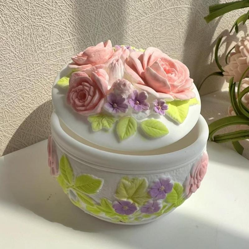 Round Flower Shape Plaster Storage Box Silicone Molds Mini Candle Cup Storage Jar Home Decoration Mold