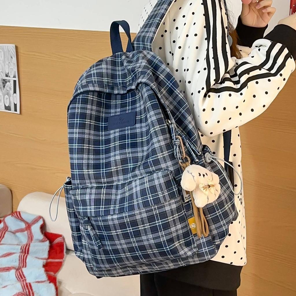 Schoolbag Vintage Versatile Plaid School Bag Junior High School Large Capacity College Student Class Commuter Backpack Travel Lightweight