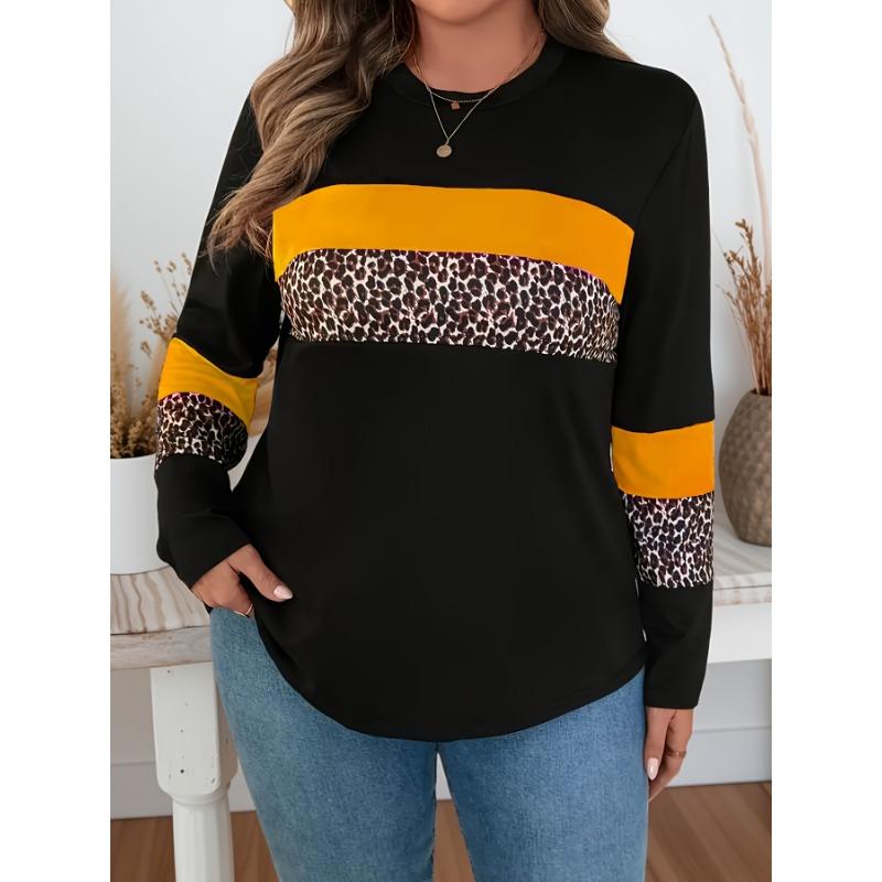 Plus Size, Plus-size Leopard Print, Color-block, Printed, Round-neck Casual Long-sleeve T-shirt, Suitable for Spring and Autumn. Women's Clothing