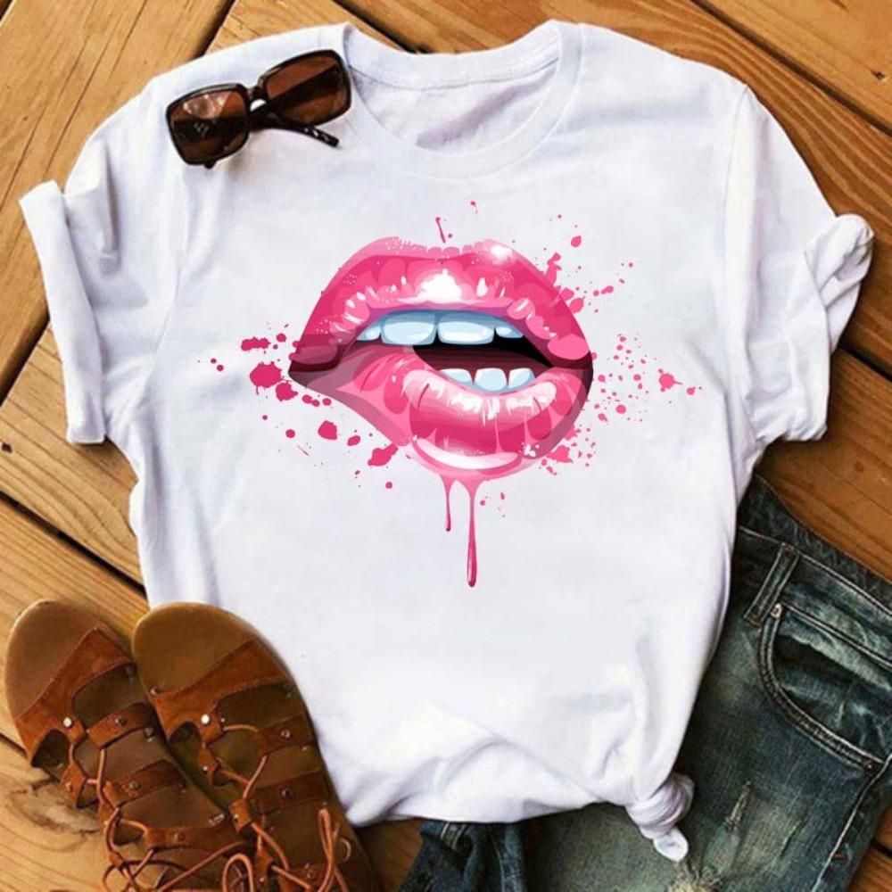 New Women Pink Lips Leopard Graphic T Shirt Casual Fahion O-neck Sexy Black Tees Kiss Lip Funny Girls Tshirt