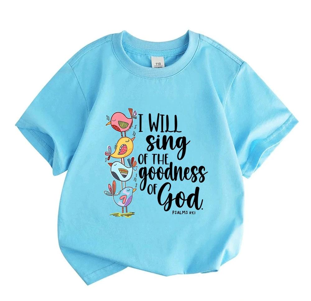 Kids Boys Girls 100% Cotton Crew Neck Short Sleeve T-Shirt, I Will Sing of The Goodness God Psalm 101 Cute Stacked Birds Print Casual Summer Tee Tops