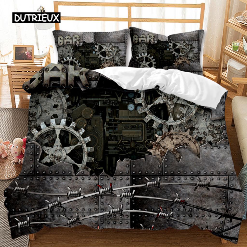Mechanical Gear Duvet Cover Set Steampunk Style Bedding Set Clocks Polyester Comforter Cover Men Mechanical Device Bedclothes