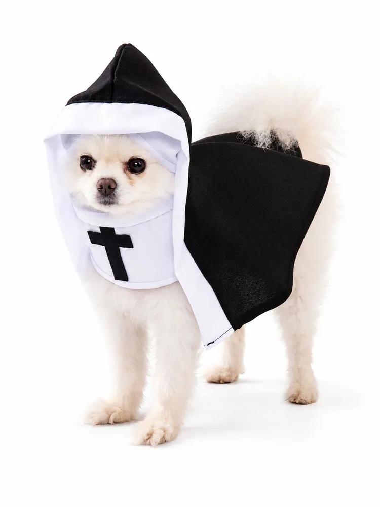 Halloween costume for cats and dogs, nun image for cat and small dog, black and white cape with hood, size M
