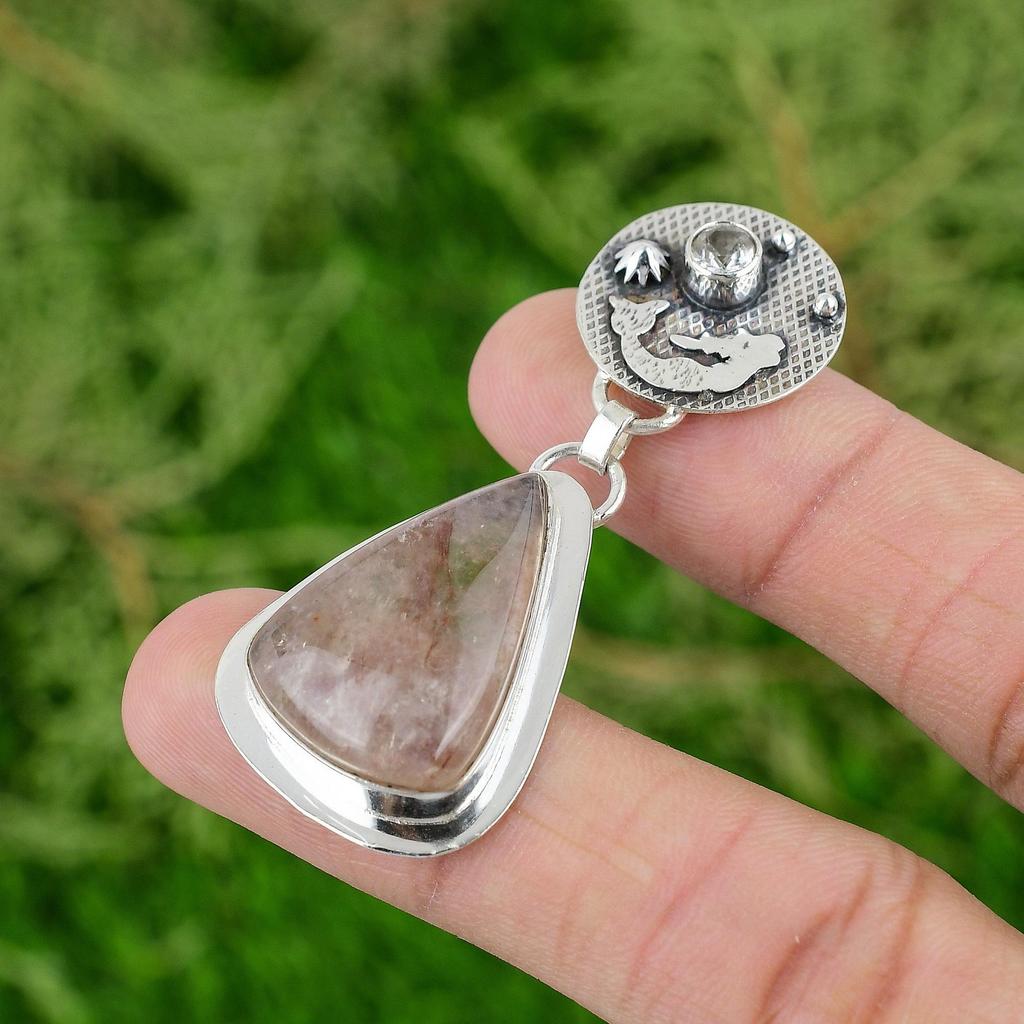 925 Sterling Silver Natural Elestial Quartz White Topaz Bezel Mermaid Pendant