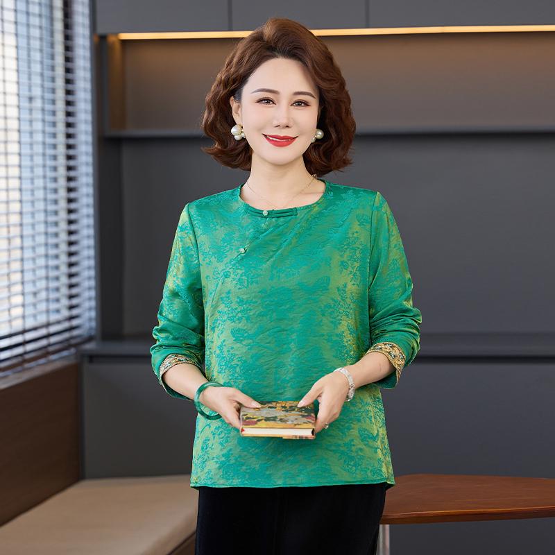 

2026 Elegant New Chinese Style Brocade Blouse - Loose, Comfortable Jacquard Top for Middle-Aged & Elderly Women 3XL (115-130 jin) зелений