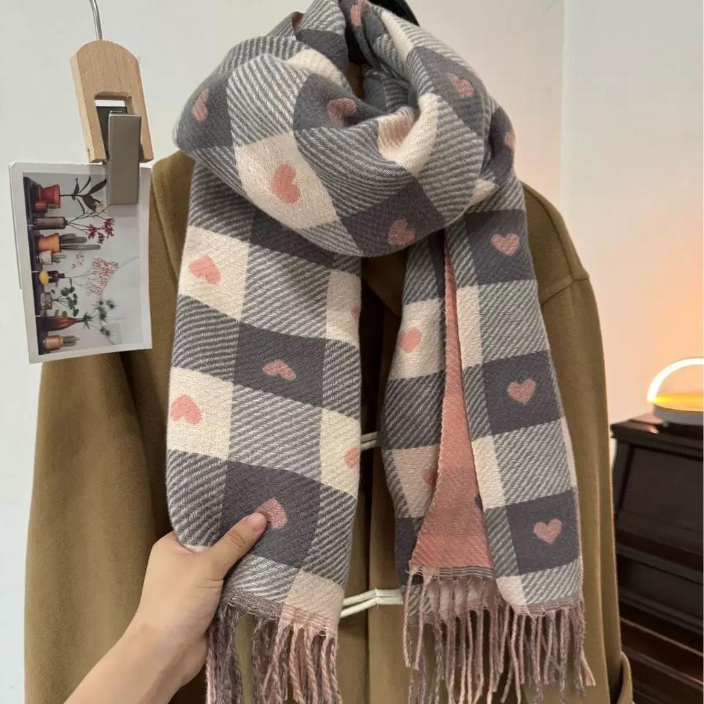 Fleece-Like Cashmere Scarf Women's Winter Heart Plaid Thickened Fringed Korean Style Fashion Versatile Shawl Neck Warmer