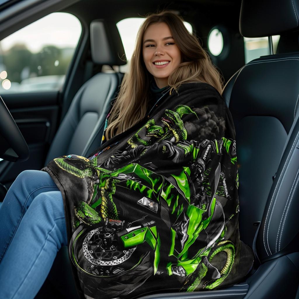 1pc Motorcycle Blanket - Soft Warm Lightweight Flannel Throw with Neon Green Motorcycle Rider & Snake Patterns, All-Season Couch