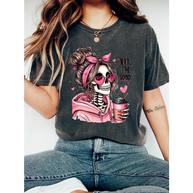 Portrait Print Short-sleeved Crew Neck Casual Top, Spring and Summer Women s Clothing S