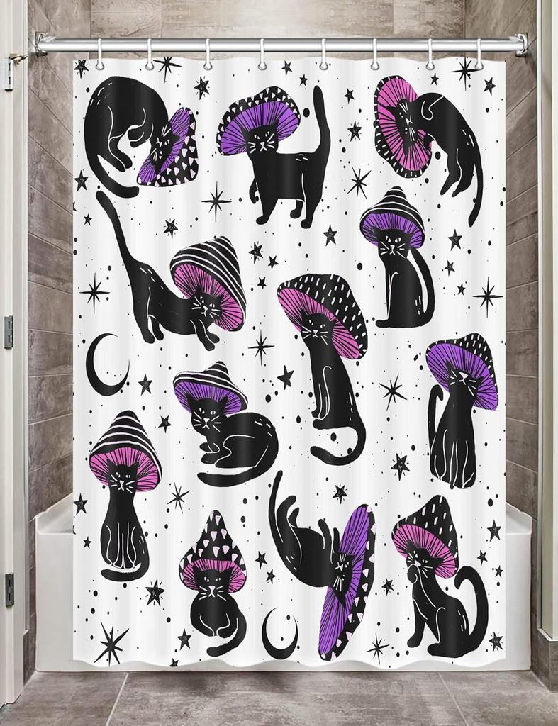 Cute Cat Shower Curtain, Funny Animal Cartoon Cat Floral Wildflower Black Fabric Shower Curtains Set for Bathroom Decorative