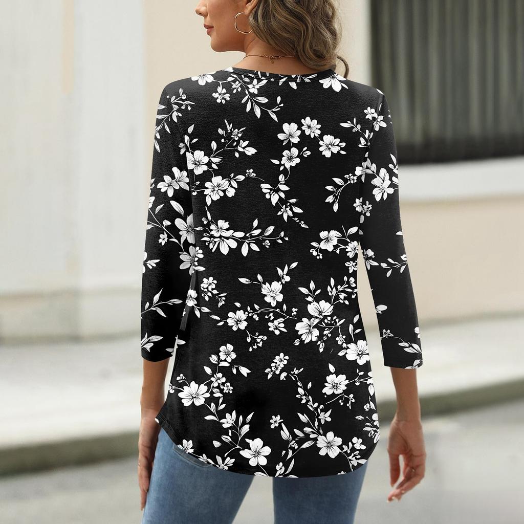 Maglietta da donna alla moda, casual, con scollo quadrato, manica a 3/4, ampia e stampata, top da donna