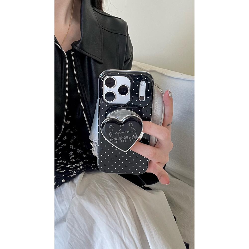 3D Cute Heart Black Polka Dots Magnetic Wireless Charging Phone Case for iPhone 16 15 14 17 Pro Max For Magsafe Case Funda