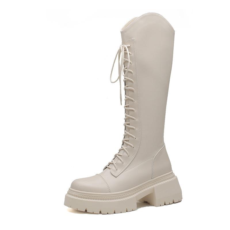 Weiße Stiefel Damen Winter neue Plateau-Ritterstiefel dicker Absatz Schnürstiefel Damenstiefel vielseitige Damenschuhe