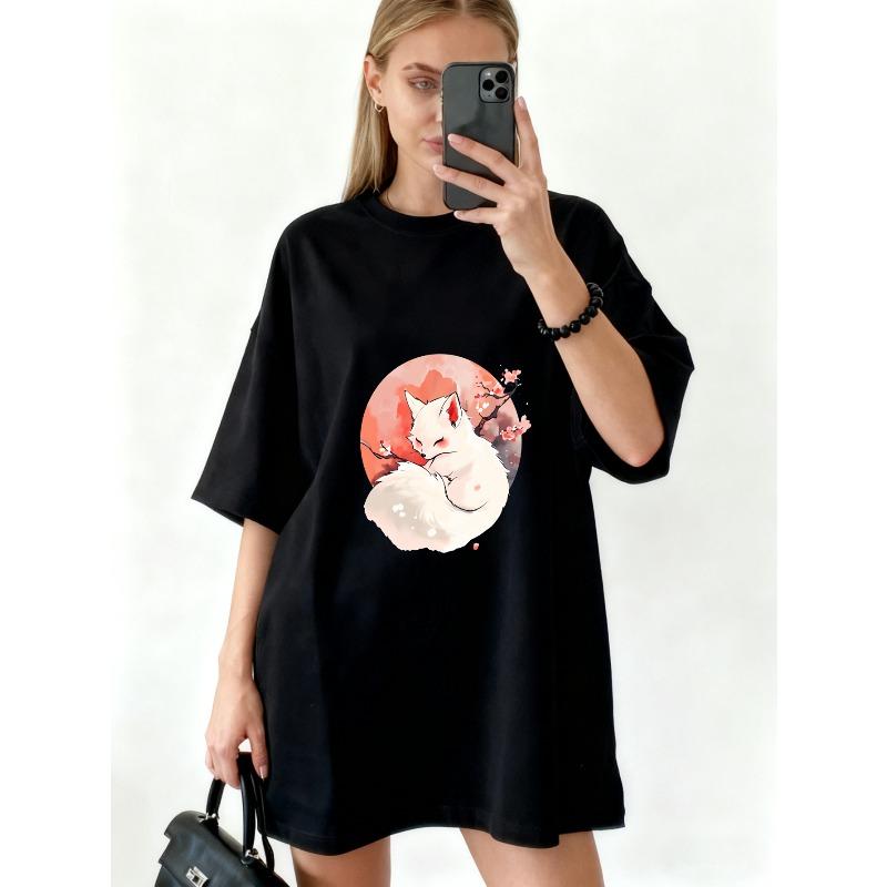 Oversized T-Shirt Black White Fox Cherry Blossom Print Casual Streetwear For Women
