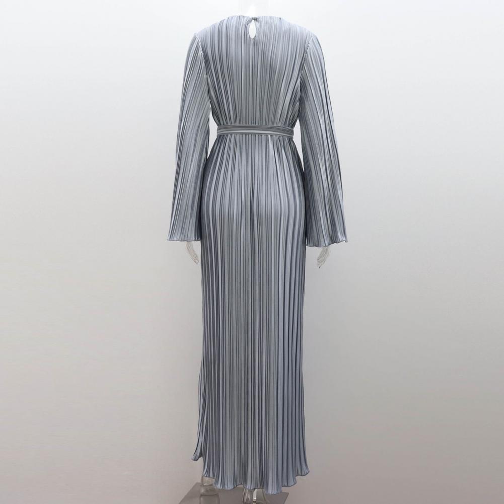 Autumn Spring Women Dress Bell Sleeves Round Neck Striped Pleated Solid Color Slim Fit Lace-up Strap Shirring Edge Prom Party Ma