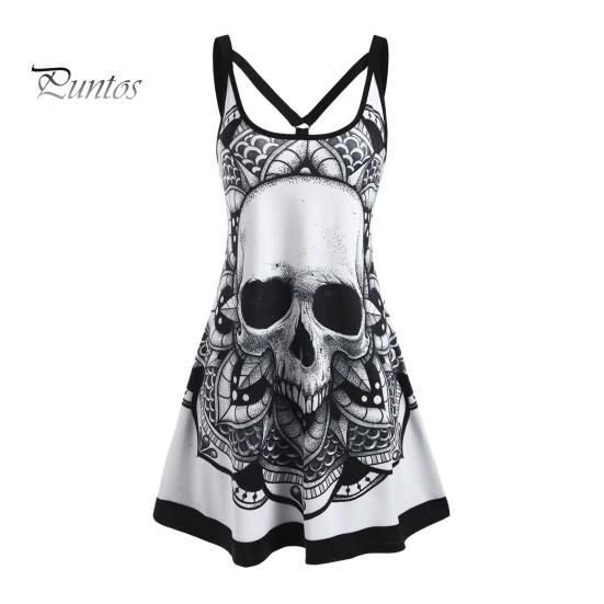 

Женское летнее платье больших размеров с принтом готического черепа, платье-майка без рукавов, повседневное свободное женское платье для отпуска, вечеринки, клуба S белый