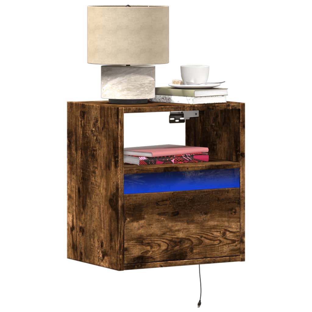 Wall Mounted Nightstand with LED Lights Smoked Oak