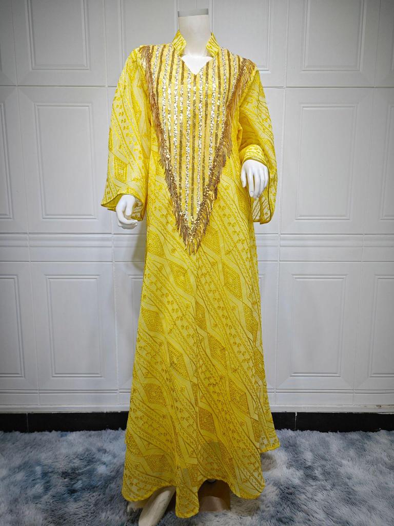 AB320 Tulle Embroidered Sequined Muslim Evening Dress - Arabic Dubai Style Robe for Middle Eastern Women