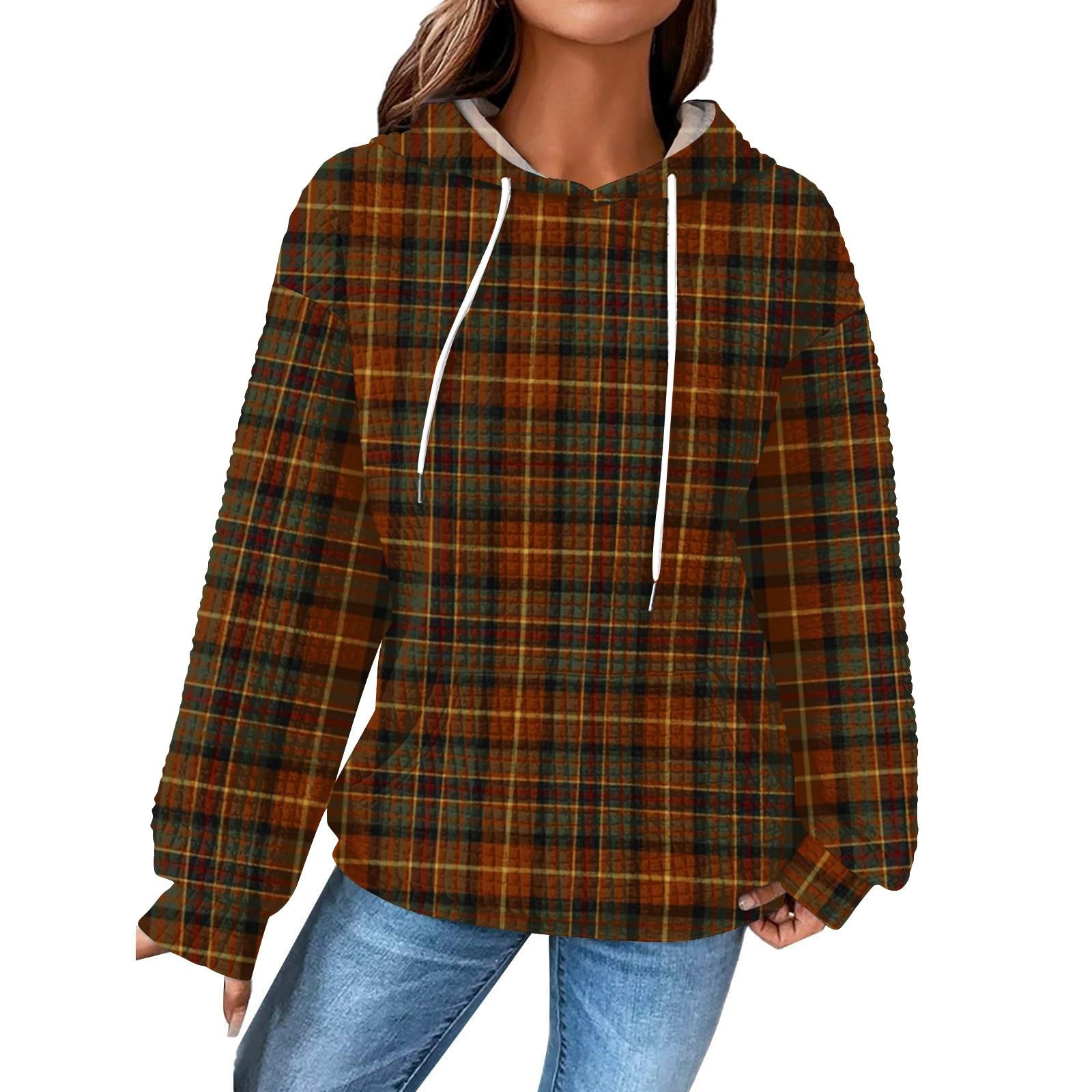 

Женский модный свободный пуловер с капюшоном, длинными рукавами, клетчатый свитшот с кулиской, приспущенным плечом и принтом-топом с карманом XXXL