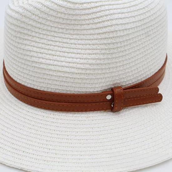 Summer Straw Hat Foldable Wide Brim Sun Hat with Faux Leather Strap Decor Adjustable Size Lightweight Outdoor Travel UV Protection Hat