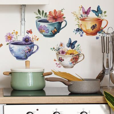 Eleganti Adesivi Murali Acquerello Tazza da Tè, Pittura a Mano per Cucina e Sala da Pranzo, Decorazione per la Casa Autoadesiva