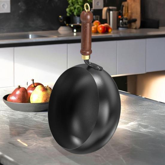 24cm litinová wok pánev s poklicí a špachtlí - bez povrchové úpravy, nepřilnavá technologie, ideální pro tradiční čínské vaření
